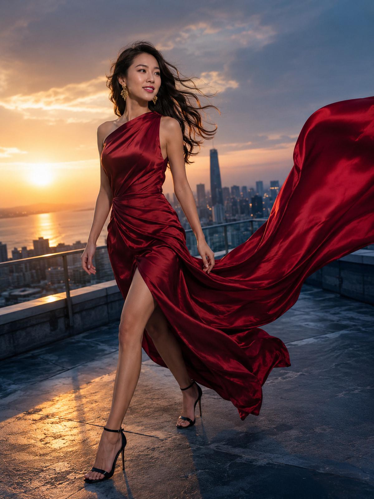 Adult East Asian woman in a crimson satin dress striding across a rooftop at sunset