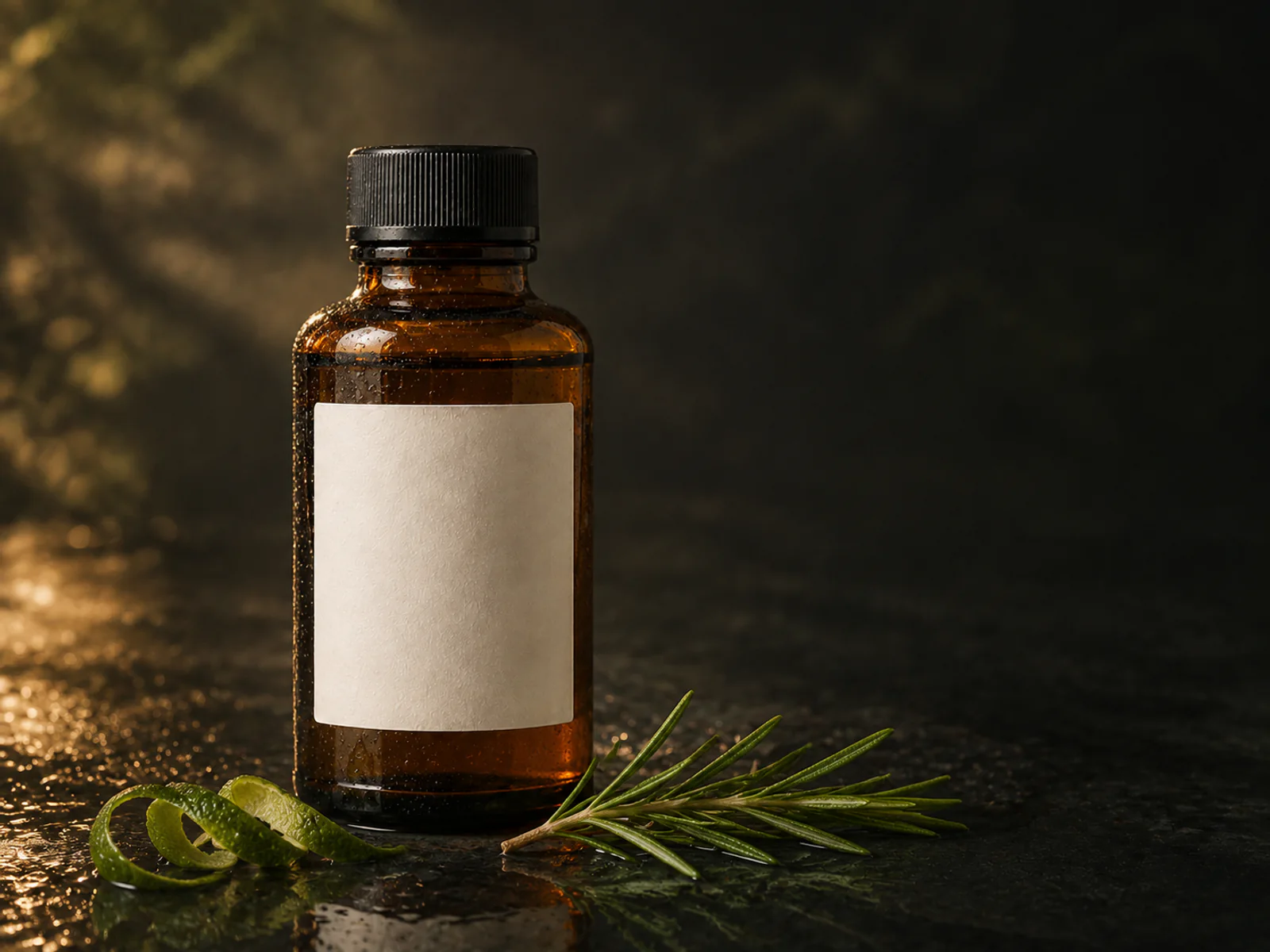 The same amber bottle restyled in a dark botanical campaign scene after editing