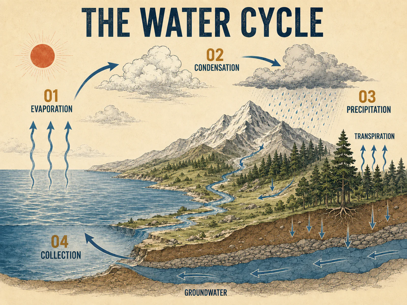 Water cycle infographic organized into four main stages and two supporting pathways